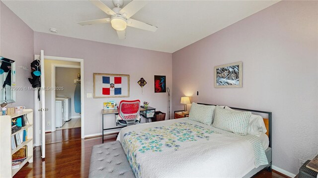bedroom featuring ceiling fan, baseboards, and dark wood-style flooring