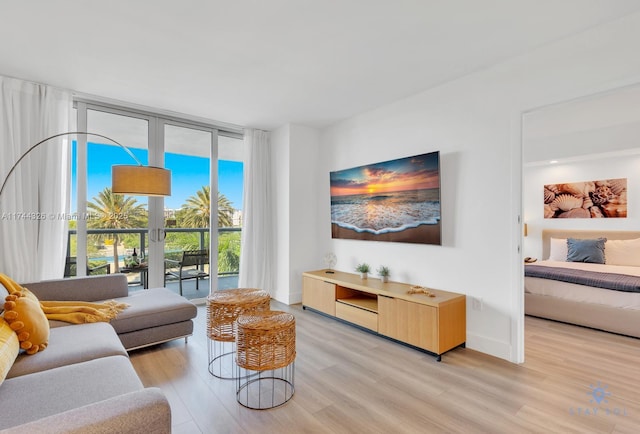 living room with light hardwood / wood-style flooring and a wall of windows