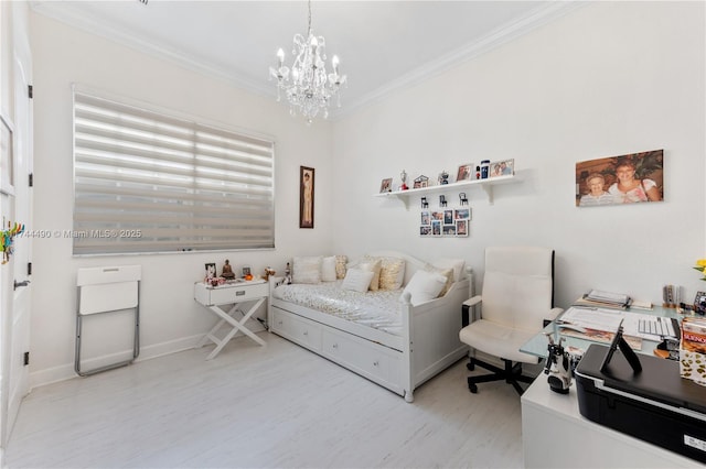 bedroom featuring ornamental molding, light hardwood / wood-style flooring, and a notable chandelier