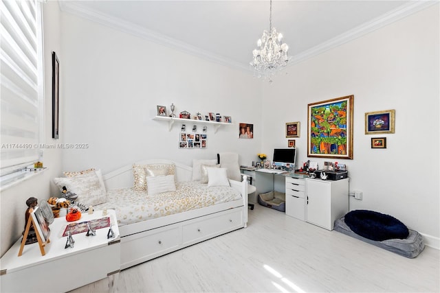 bedroom featuring an inviting chandelier and ornamental molding