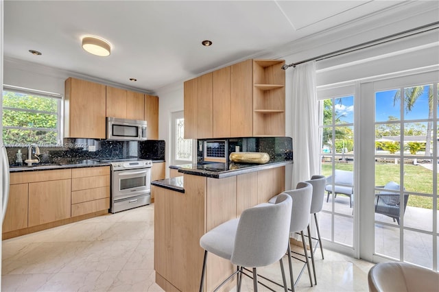 kitchen featuring stainless steel appliances, sink, backsplash, and dark stone counters