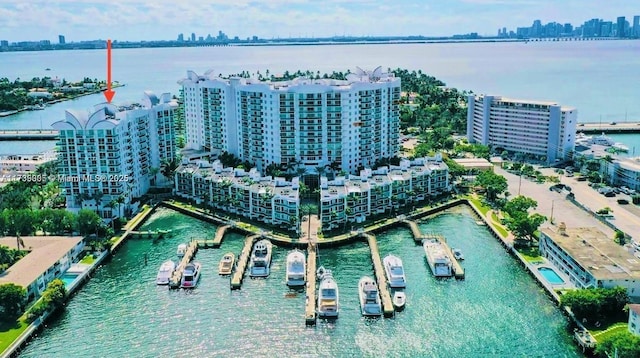 aerial view featuring a water view