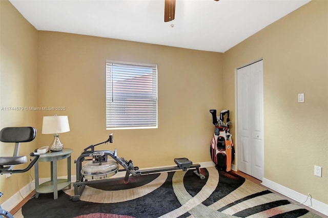 exercise room featuring ceiling fan