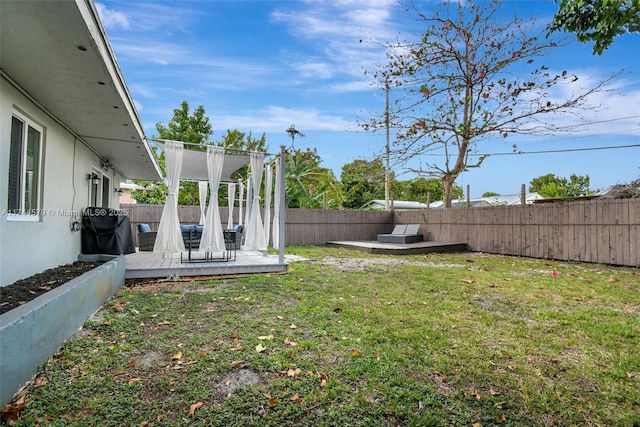 view of yard with a wooden deck, a pergola, and a hot tub