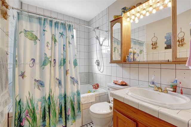 full bathroom featuring shower / bath combo, tile walls, backsplash, vanity, and toilet