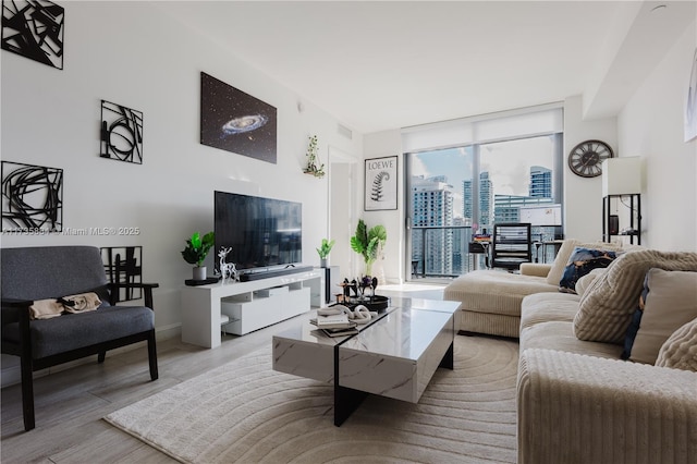 living room featuring floor to ceiling windows and light hardwood / wood-style flooring