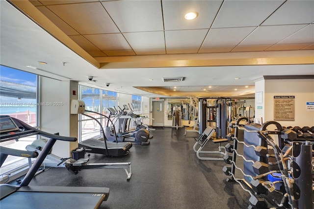 gym with a raised ceiling, a paneled ceiling, and a wall of windows