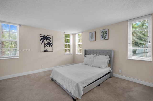 bedroom featuring multiple windows, light carpet, and a textured ceiling