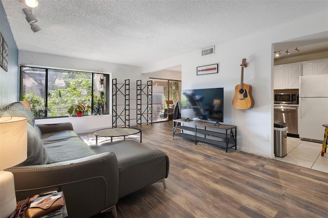 living room featuring hardwood / wood-style flooring and a textured ceiling