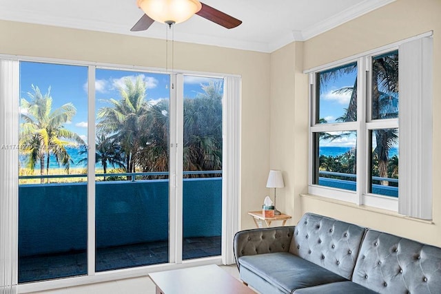 interior space featuring ceiling fan