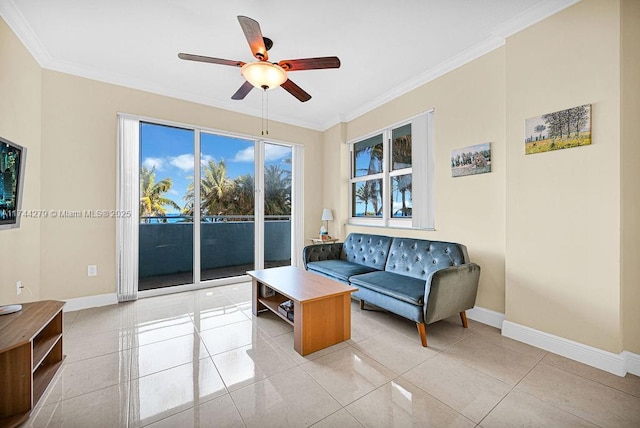 living room with light tile patterned floors, crown molding, and ceiling fan