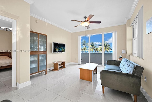 living room with ornamental molding, light tile patterned flooring, and ceiling fan