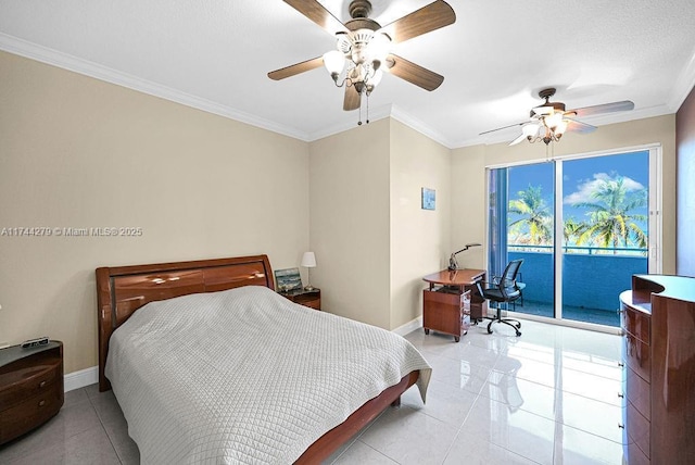 bedroom with light tile patterned flooring, ceiling fan, ornamental molding, and access to outside