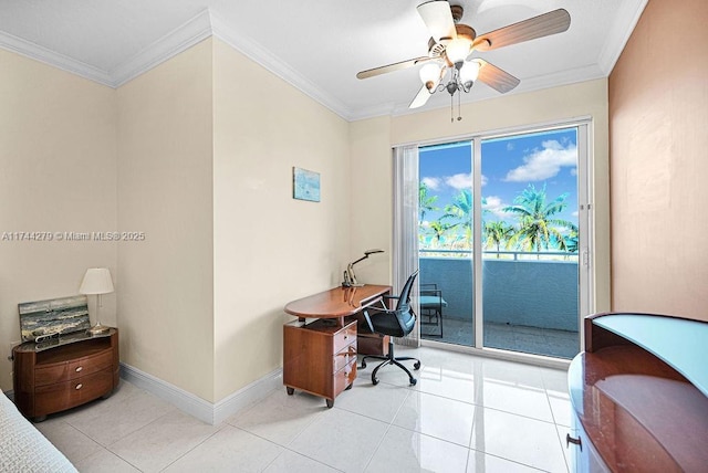 office featuring crown molding, ceiling fan, and light tile patterned flooring