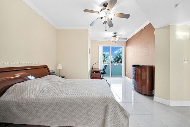 bedroom with crown molding, ceiling fan, access to exterior, and light tile patterned floors