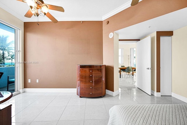 tiled bedroom with crown molding, access to outside, and ceiling fan