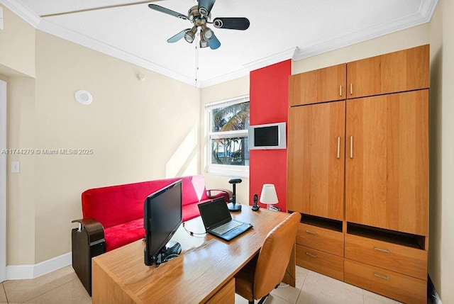 tiled home office featuring crown molding and ceiling fan