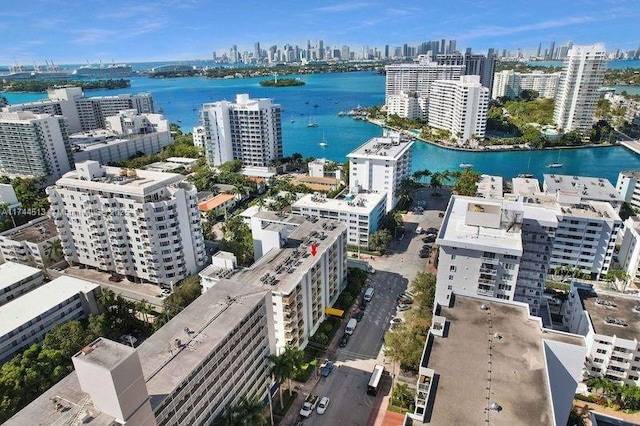 drone / aerial view with a water view and a city view