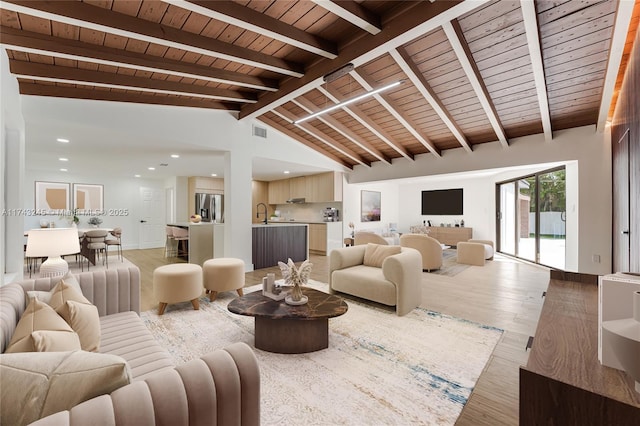 living room with sink, wood ceiling, high vaulted ceiling, light wood-type flooring, and beam ceiling