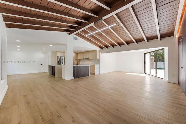 unfurnished living room featuring vaulted ceiling with beams, light hardwood / wood-style floors, and wooden ceiling