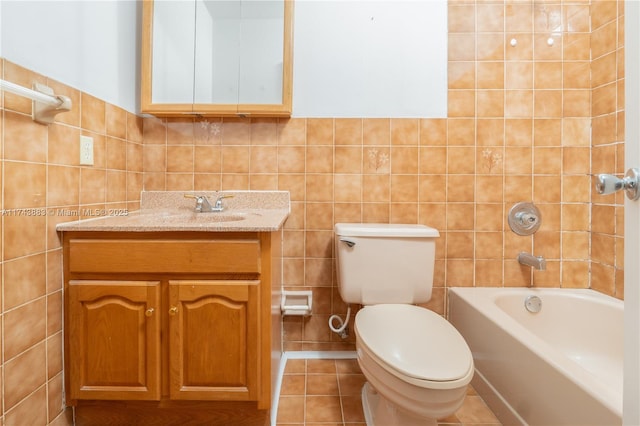 full bathroom with vanity, shower / bathing tub combination, toilet, and tile walls