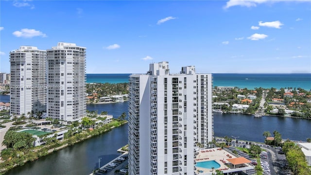 aerial view featuring a water view