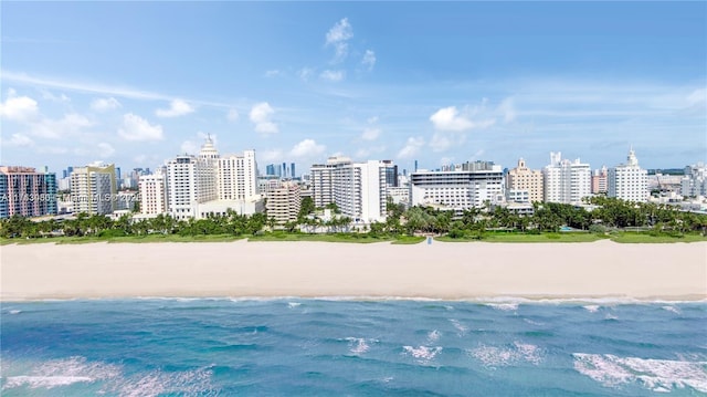 drone / aerial view featuring a beach view and a water view