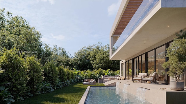 view of swimming pool with an outdoor living space, a lawn, and a patio