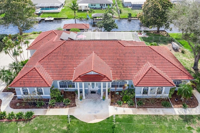 aerial view featuring a water view