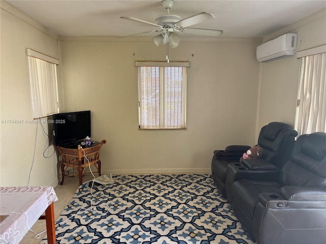 living room with ceiling fan, ornamental molding, and a wall mounted AC