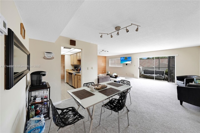 carpeted dining room with track lighting and a textured ceiling