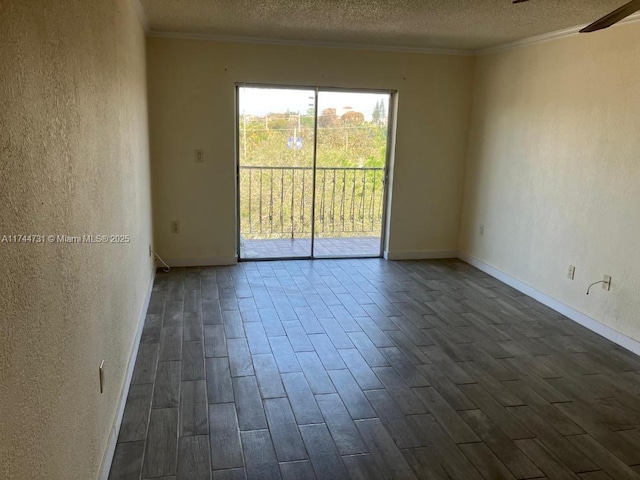 unfurnished room featuring ornamental molding, ceiling fan, a textured ceiling, and dark hardwood / wood-style flooring