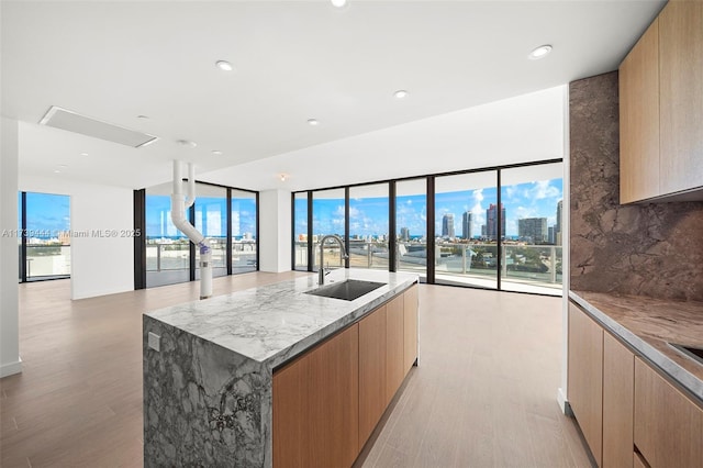 kitchen featuring light stone countertops, a large island, sink, and light wood-type flooring