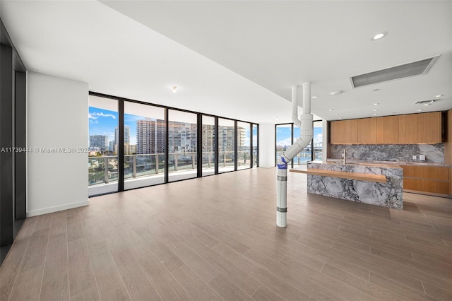 unfurnished living room with expansive windows and light wood-type flooring