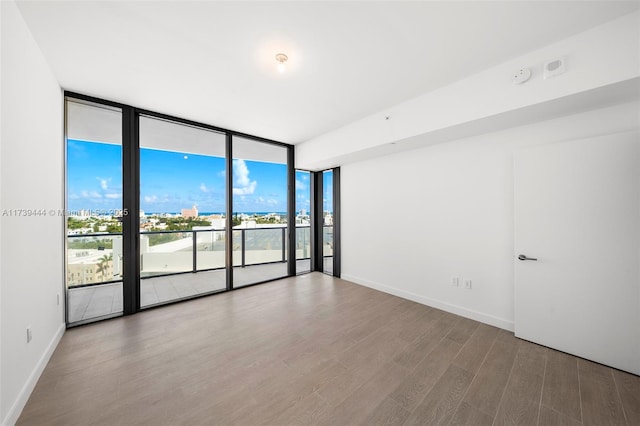 empty room featuring expansive windows and wood-type flooring