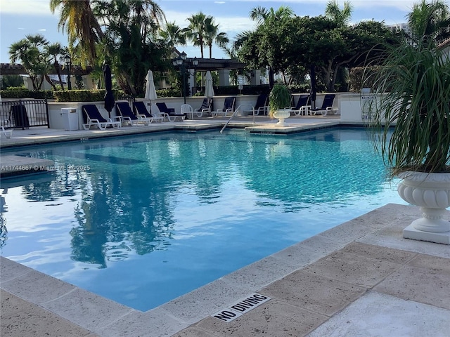 view of swimming pool featuring a patio area