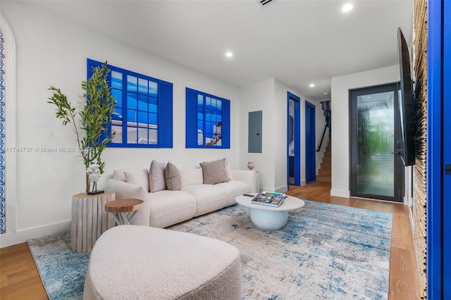 living room featuring hardwood / wood-style floors and electric panel