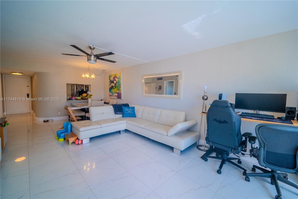 home office with a chandelier