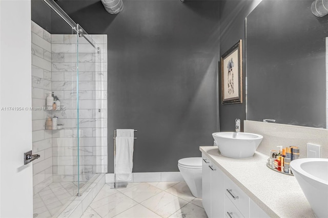 bathroom featuring vanity, toilet, and walk in shower