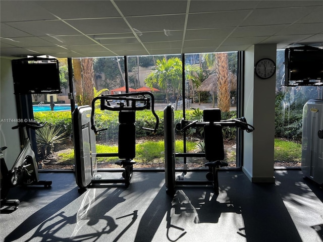 gym with floor to ceiling windows and a paneled ceiling