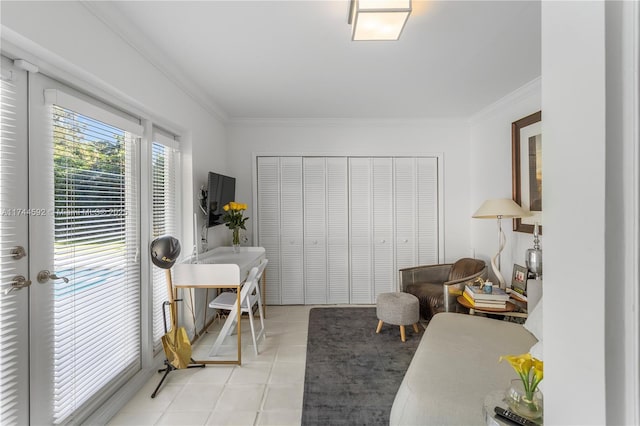 office space featuring crown molding and french doors