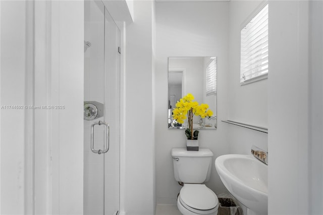 bathroom with toilet, a sink, and a shower stall
