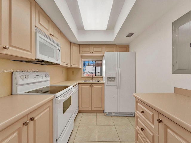 kitchen featuring sink, electric panel, a tray ceiling, light brown cabinets, and white appliances