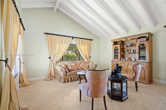 2061 NE 207th St, Miami, FL 33179 - living area with light tile patterned floors, baseboards, beamed ceiling, and high vaulted ceiling