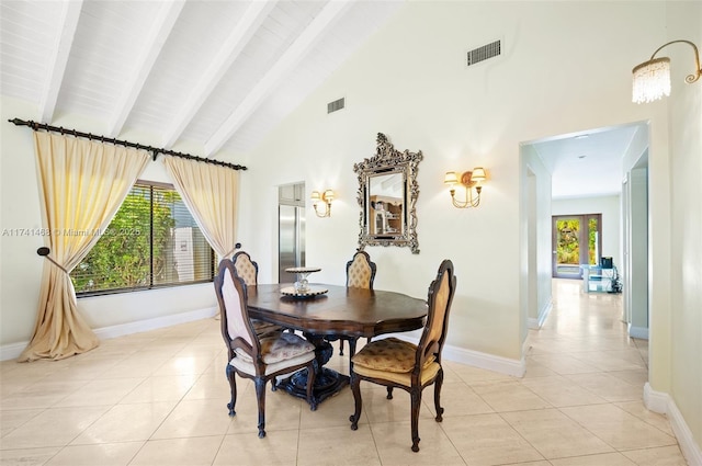 2061 NE 207th St, Miami, FL 33179 - dining area featuring high vaulted ceiling, light tile patterned floors, beamed ceiling, and baseboards