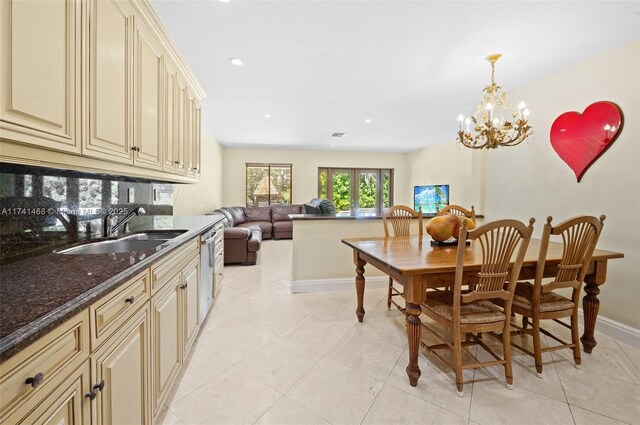 2061 NE 207th St, Miami, FL 33179 - dining area featuring baseboards, light tile patterned floors, a chandelier, and recessed lighting