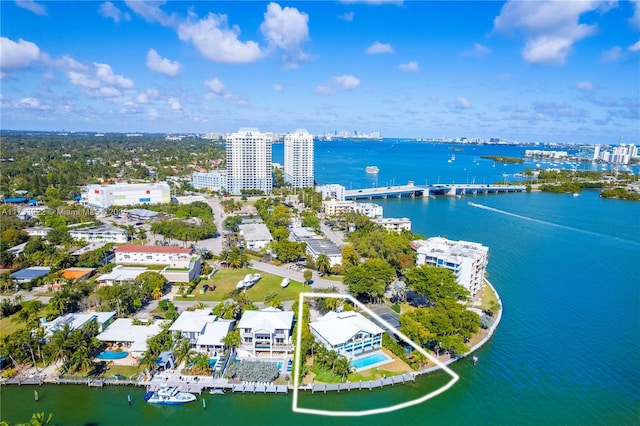 bird's eye view with a water view