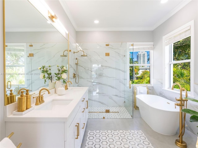 bathroom featuring ornamental molding, vanity, plus walk in shower, and tile walls