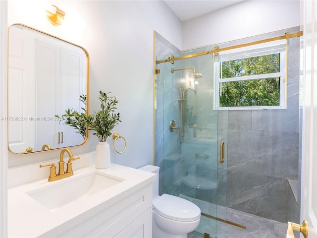 bathroom featuring vanity, a shower with shower door, and toilet