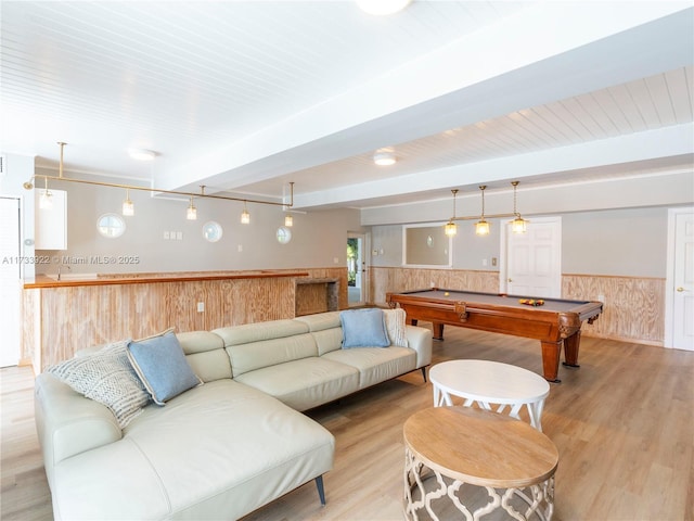 playroom featuring pool table, wood walls, beam ceiling, and light hardwood / wood-style floors